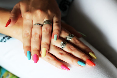 Beautiful manicure nails, beautiful girl, colored nailの写真素材