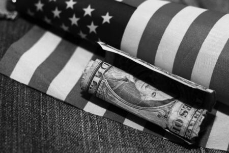 american dollars bills on flag background, financeの写真素材
