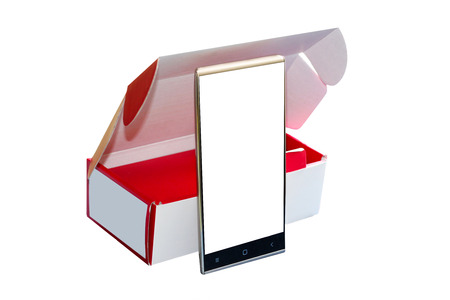 Smart Phone In Packaging Box isolated on white backgroundの写真素材