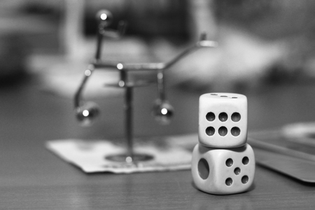 two white dices and metal toy, objectの写真素材