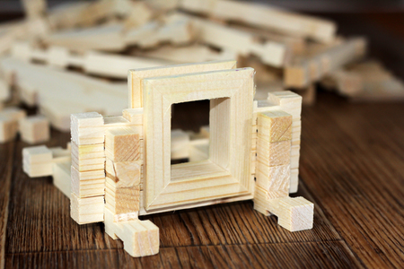 Children's wooden blocks, building a house, gameの写真素材