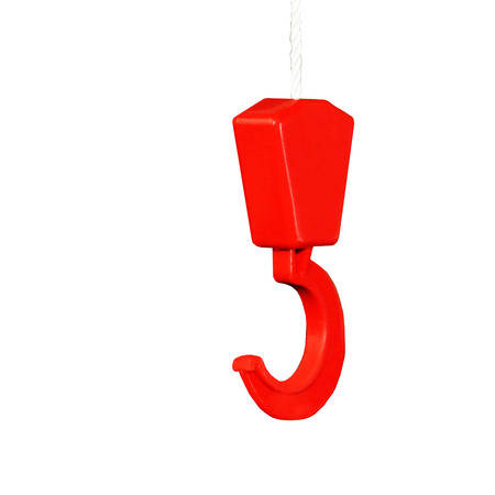 Red lifting crane hook isolated on white background. Toy.の写真素材