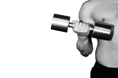 Muscular Bodybuilder Guy Doing Exercises With Dumbbells Over White Background, sportの写真素材