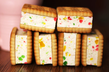 Sandwich cookies with jelly, sweet food objectの写真素材