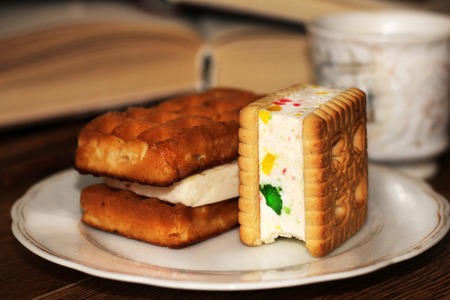 delicious waffles on a plate and cup of coffee, foodの写真素材