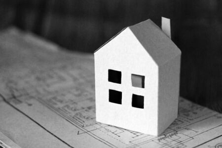 Figure house on the drawing, paper objectの写真素材