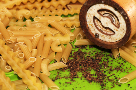 Italian dry pasta and black pepper, spicy dish, foodの写真素材