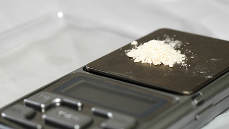 Laboratory scales. Pills and medication health, close upの写真素材