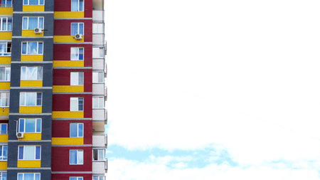 High-rise building or skyscraper on blue sky background. Copy spase.