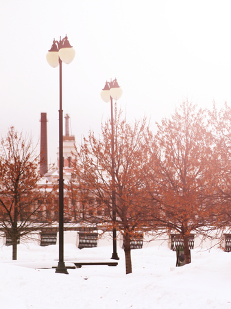 street light against the winter sity, metal objectの写真素材