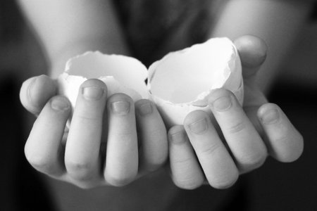 Egg shell in children's hands, close up