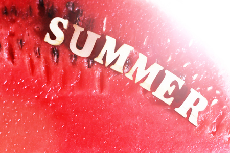 Juicy delicious watermelon and wooden text letters summer, Sunny moodの写真素材