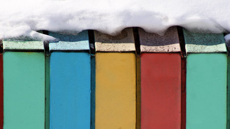 Wall with three colors, colored boards, winterの写真素材