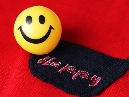 March 28, 2018. Izhevsk, Russia. The inscription is embroidered with threads. The word happy Objectのeditorial素材