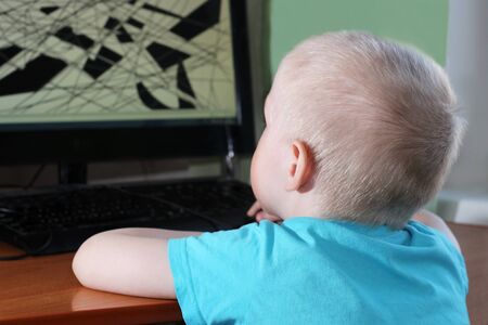 A little boy is engaged at the computer, educationの写真素材