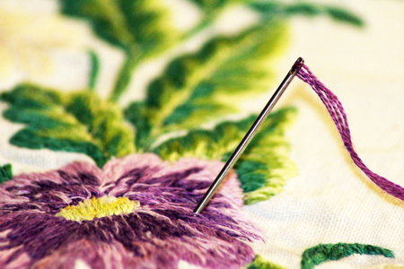 Embroidery Flowers. Sewing accessories. Canvas, hoop, thread mouline Needlework Hand embroideryの写真素材