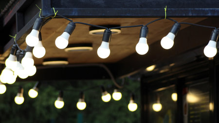Photo of Hanging light bulbs with depth of field. Modern art, decor