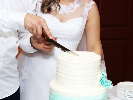 Bride and Groom at Wedding Reception Cutting the Wedding Cake, so closeの写真素材
