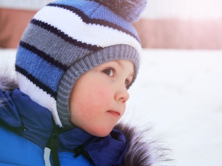 Portrait of a boy in winter so closeの写真素材