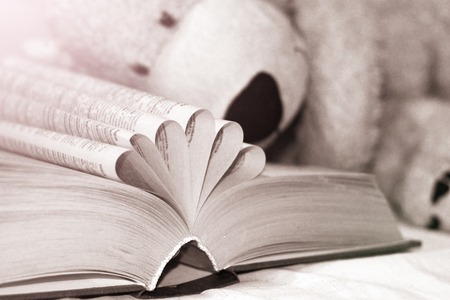 Old open book with folded pages and bear toy, black and whiteの写真素材