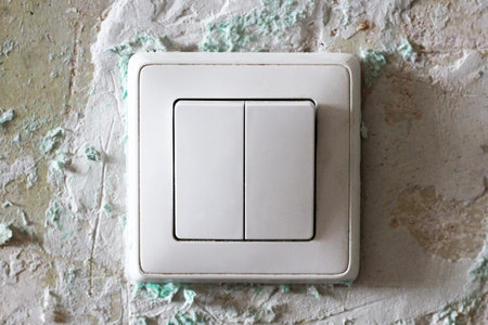 The white switch on the old plastered wall