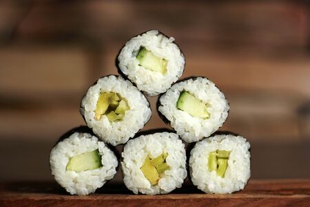 Pyramid of rolls in sushi bar, a setの写真素材