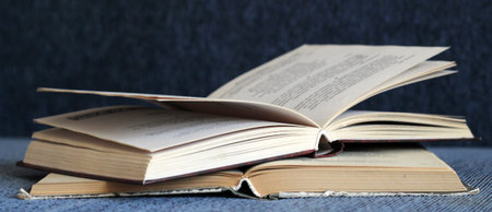 Two open books on the blue sofa, retro