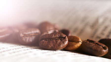 Coffee beans on the book so close, macroの写真素材