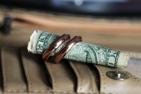 Gold wedding rings so close and a dollar, love and money