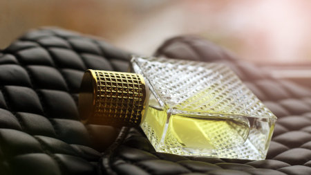 Beautiful is square with women's perfume bottle. Beautiful luxury perfume bottle. Process of making...