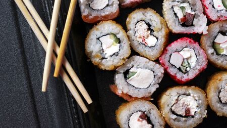 Salmon sushi rolls, japanese foodの写真素材