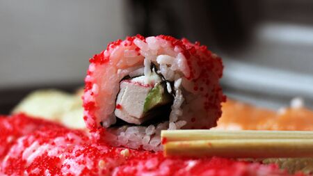 Salmon sushi rolls, japanese foodの写真素材