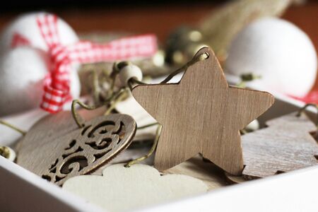 Set of Christmas wooden toys, heart and star so closeの写真素材