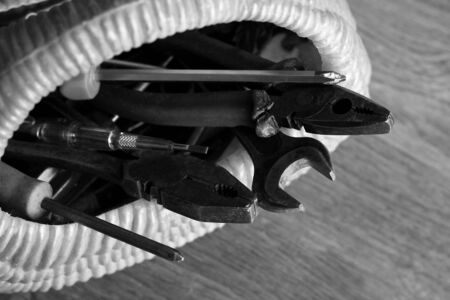 tools in the toolbox on white backgroundの写真素材