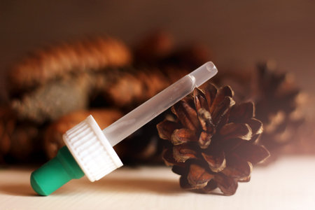 Medicine and pine cones, plant extract. The scent of the forest. Object.