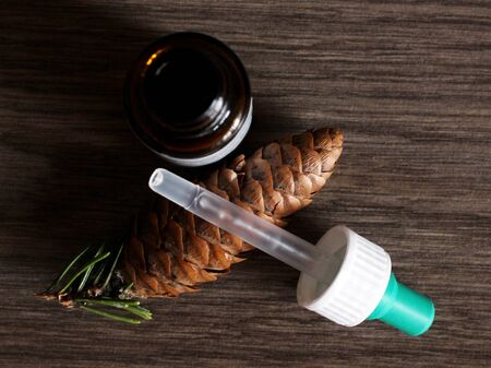 Medicine and pine cones, plant extract. The scent of the forest. Object.の写真素材