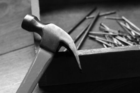 The hammer and nails, tools for construction and repair, so closeの写真素材