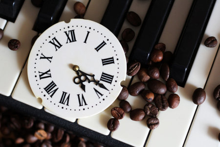 A clock with Roman numerals and a piano, retro