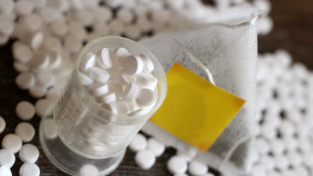 Sweetener in tablets and tea bags, artificial sweetener so close