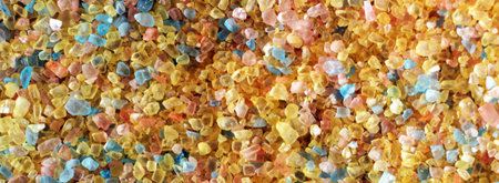 Yellow, blue and orange sea salt for backgroundの写真素材