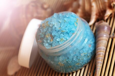 bowl with a blue bath salt so closeの写真素材