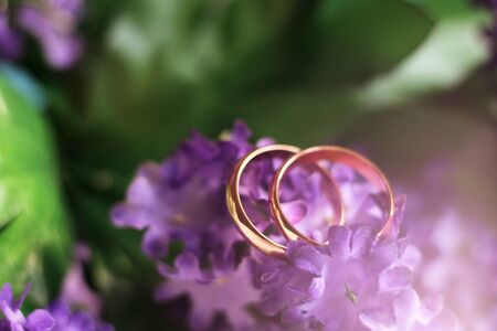 wedding details: two golden wedding rings on a purple flower petal of a wedding bouquetの写真素材
