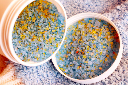 Sea blue bath salt in a bowl so closeの写真素材