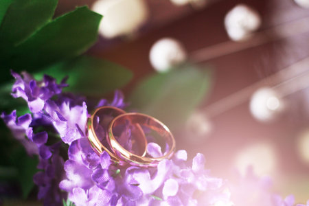 Wedding rings on the cords of the guitar and purple flowers so closeの写真素材