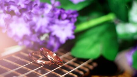 Wedding rings on the cords of the guitar and purple flowers so closeの写真素材