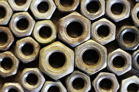 Metal bolts for background, top view objectの写真素材