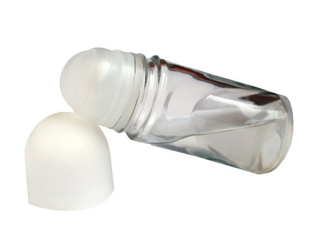 Glass deodorant with cup isolated on white background, skin care