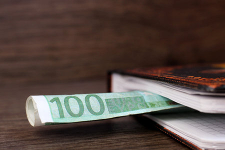 Hundred Euro and business book so closeの写真素材