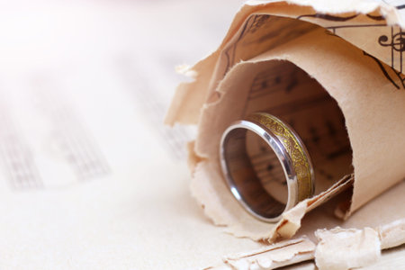 Gold wide ring and paper musical notes, vintage