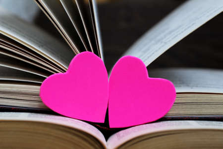 Two pink hearts and books, love and romance imageの写真素材